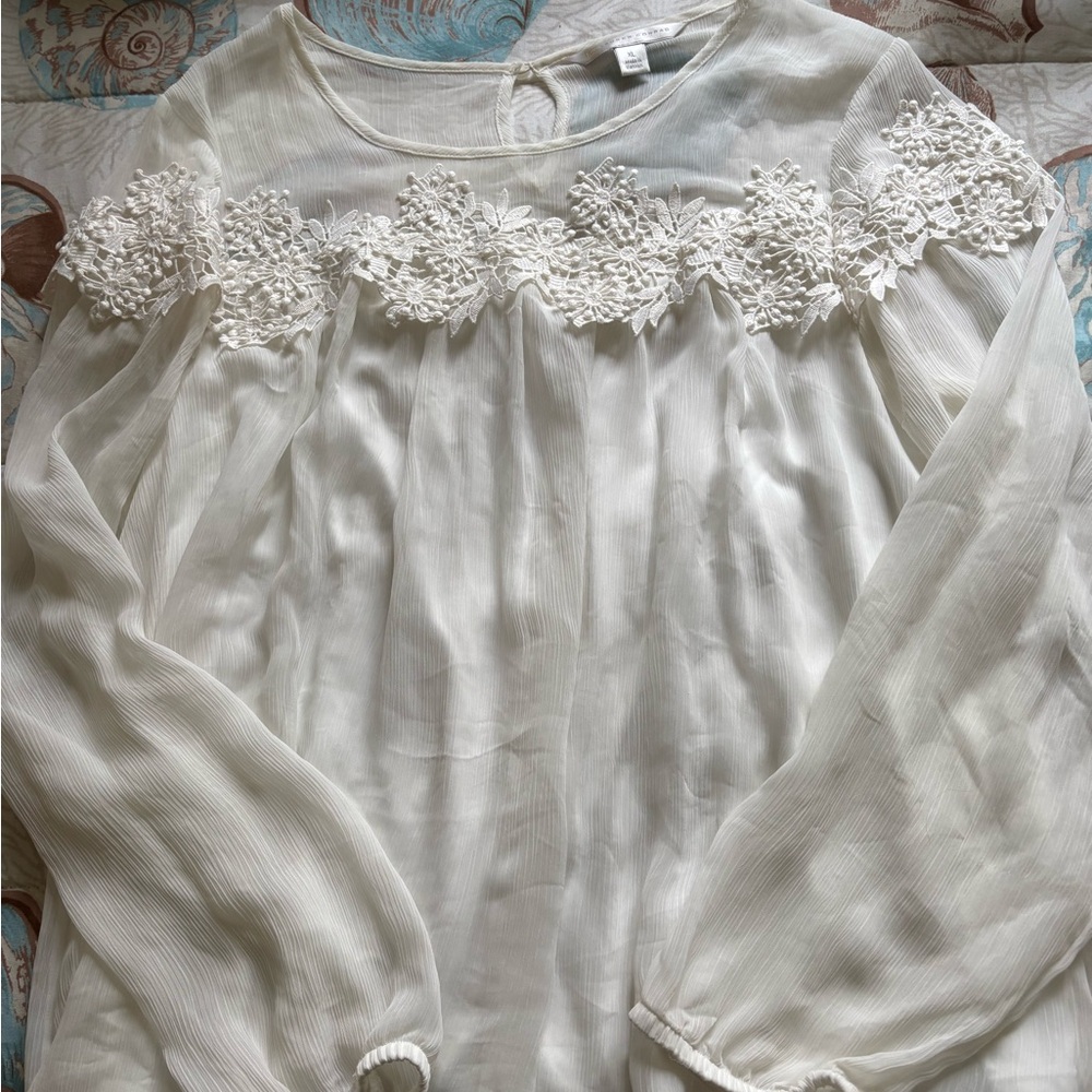 LC Lauren Conrad Embellished White Long Sleeve Blouse